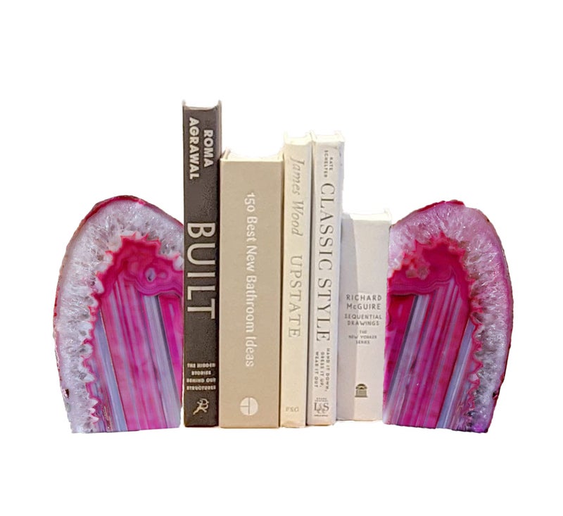 AMOYSTONE Pink Agate Bookends 1 Pair 4-6 Lbs with Rubber Bumpers for Heavy Books Home Office Shelves - Image 1